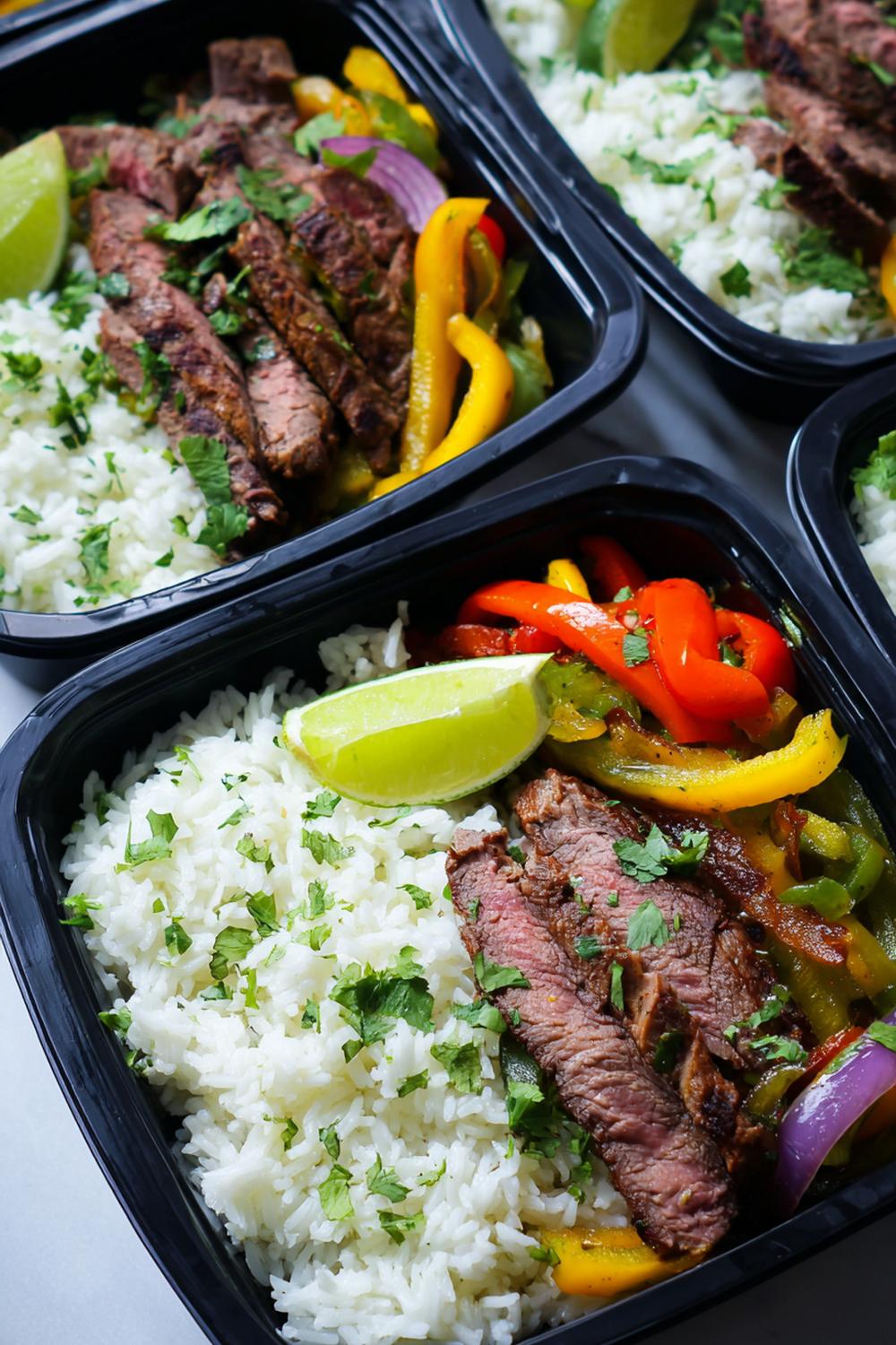 4. Lean Bulking Meal Prep 2026 Steak Fajita Bowls with Peppers and Lime Rice
