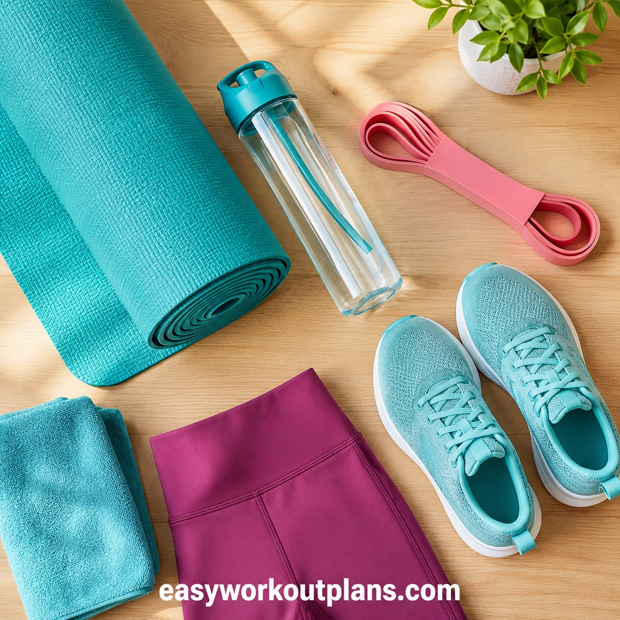 Flat lay of workout gear including a mat, resistance band, and shoes for a lower belly fat workout