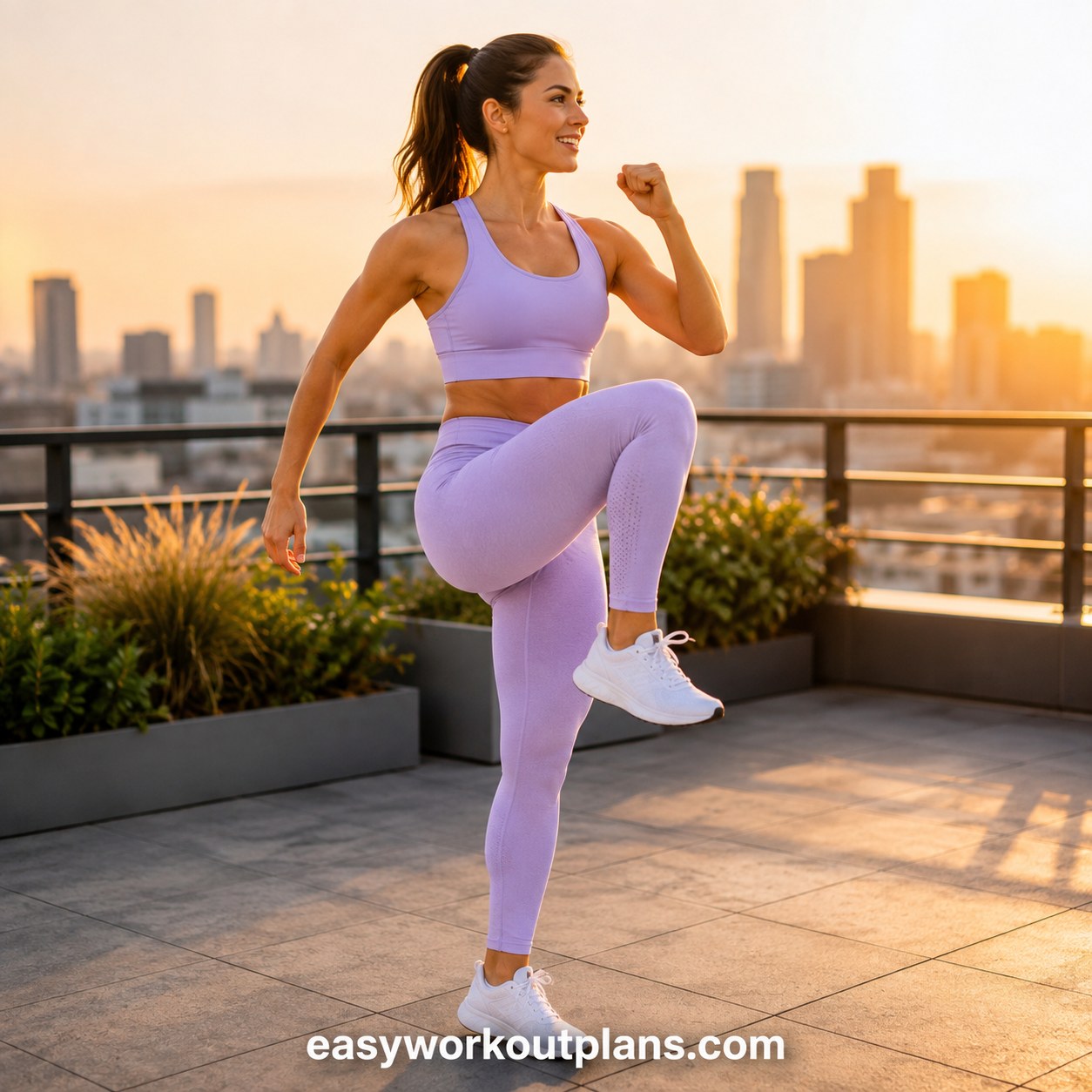 Woman doing outdoor high knee intervals on a rooftop as part of a lower belly fat workout session