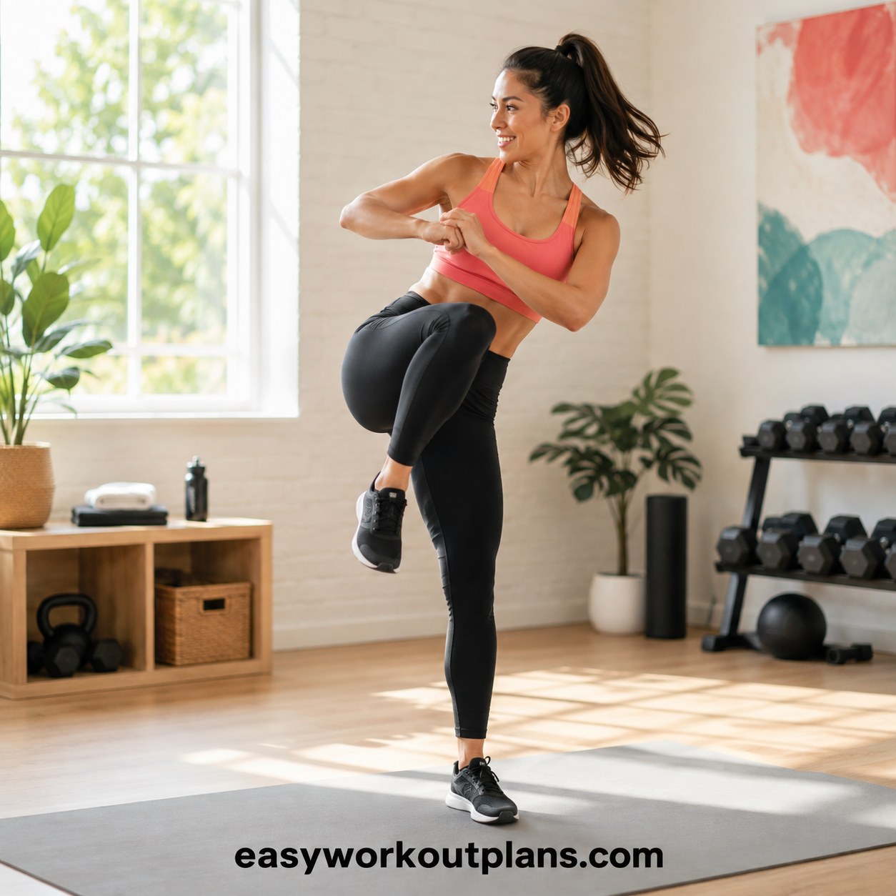 Woman doing a high knee twist with rotation, targeting obliques in a lower belly fat workout routine