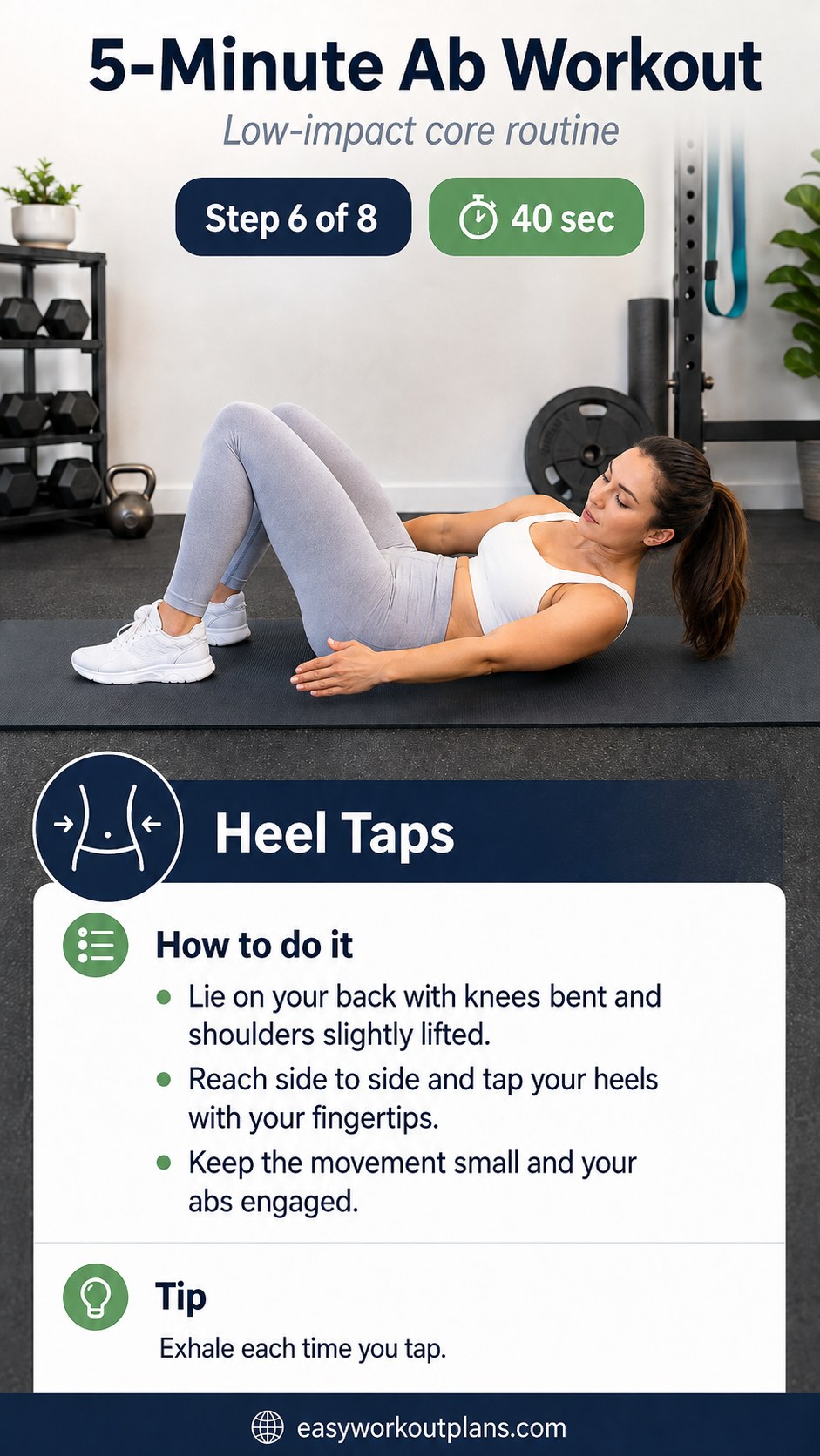 Woman tapping her heels side to side in a heel taps move from a minute ab workout