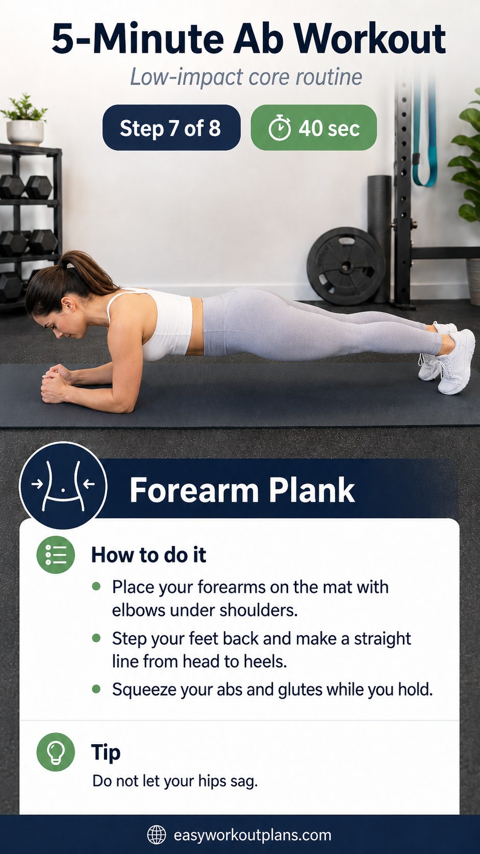 Woman holding a forearm plank with a straight line from head to heels in this ab workout