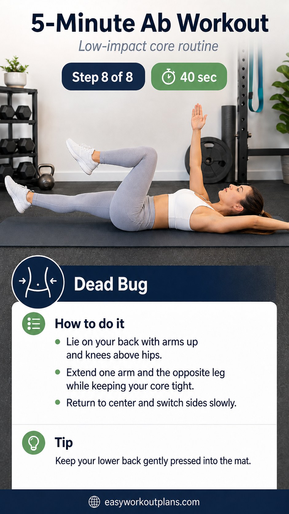 Woman extending arm and leg in a dead bug exercise to finish a five minute ab workout