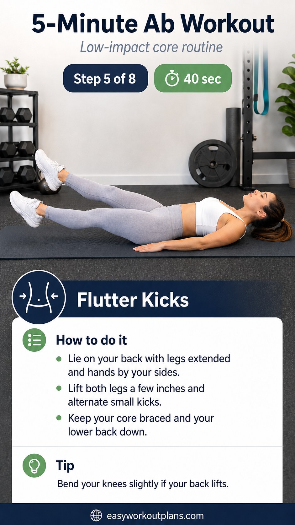 Woman doing flutter kicks with legs raised as part of a minute ab workout core routine