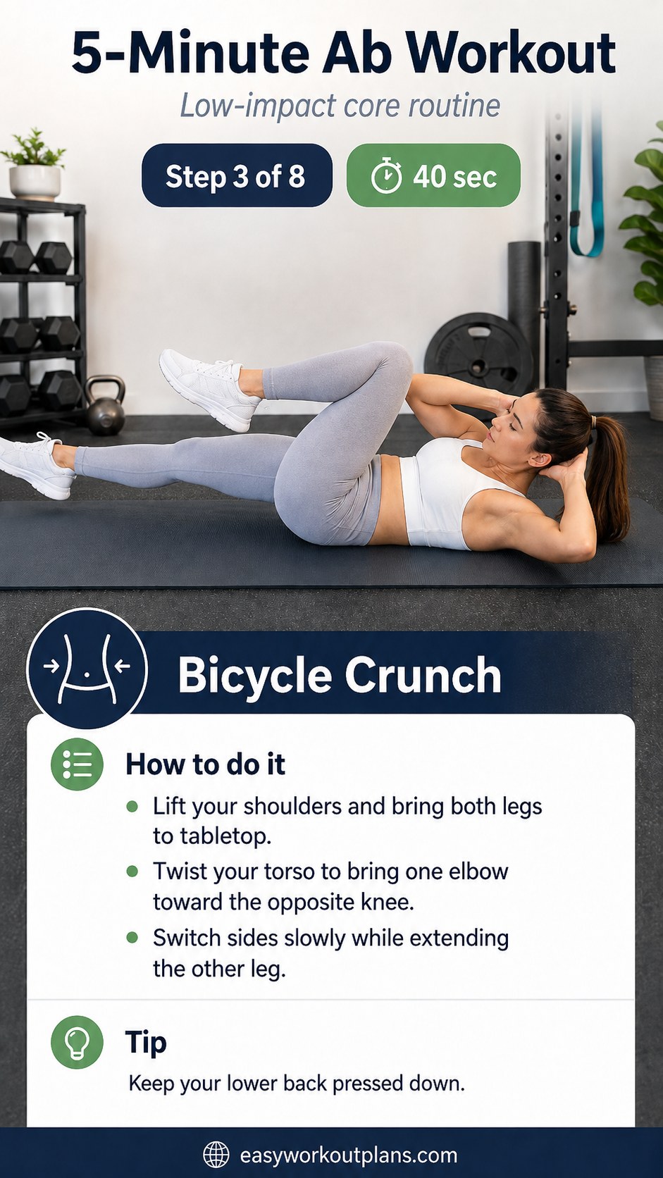 Woman performing a bicycle crunch with legs extended in a low-impact minute ab workout