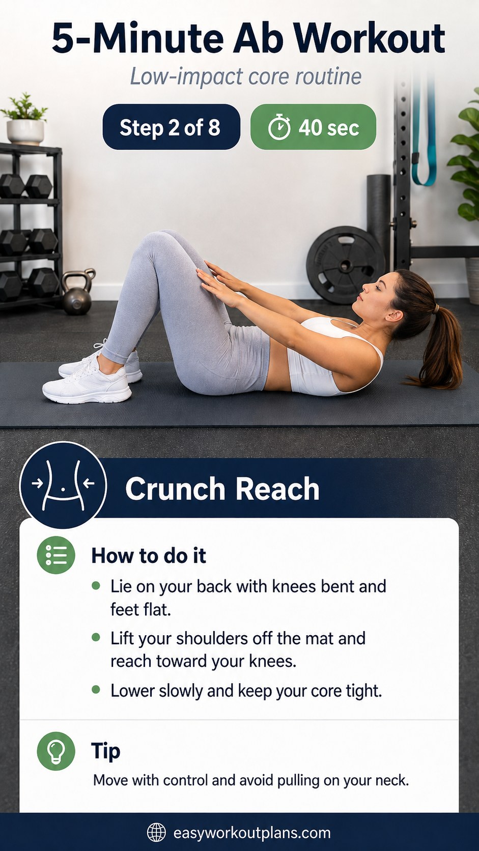 Woman doing a crunch reach exercise on a mat during a minute ab workout core routine