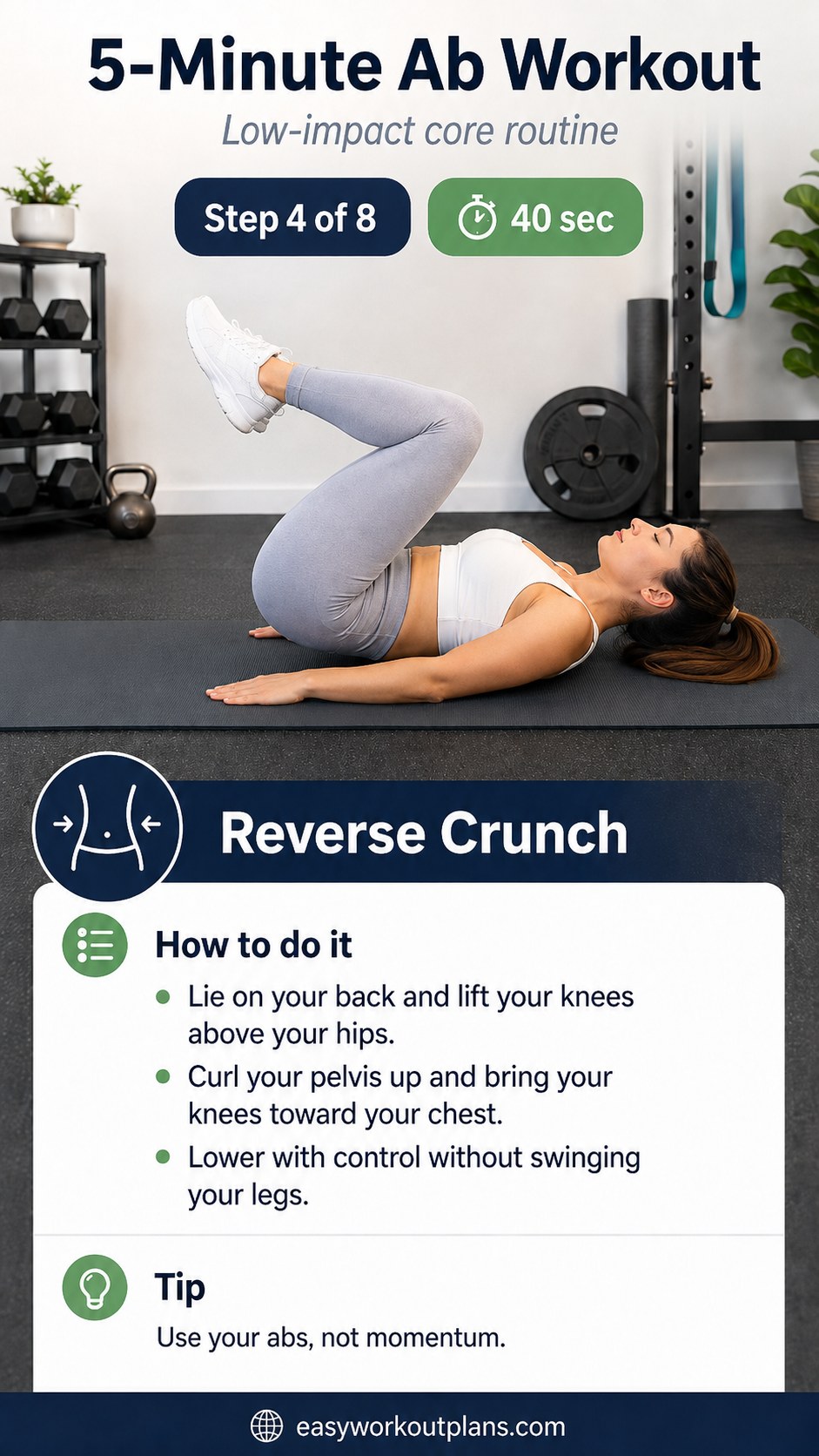 Woman lifting her knees for a reverse crunch during a five minute ab workout session