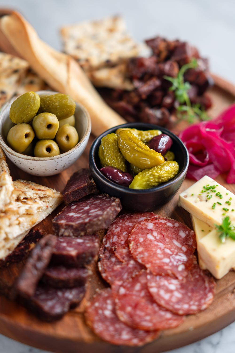 9. No Cook Protein Snacks 2026 Beef Biltong and Pickle Snack Board