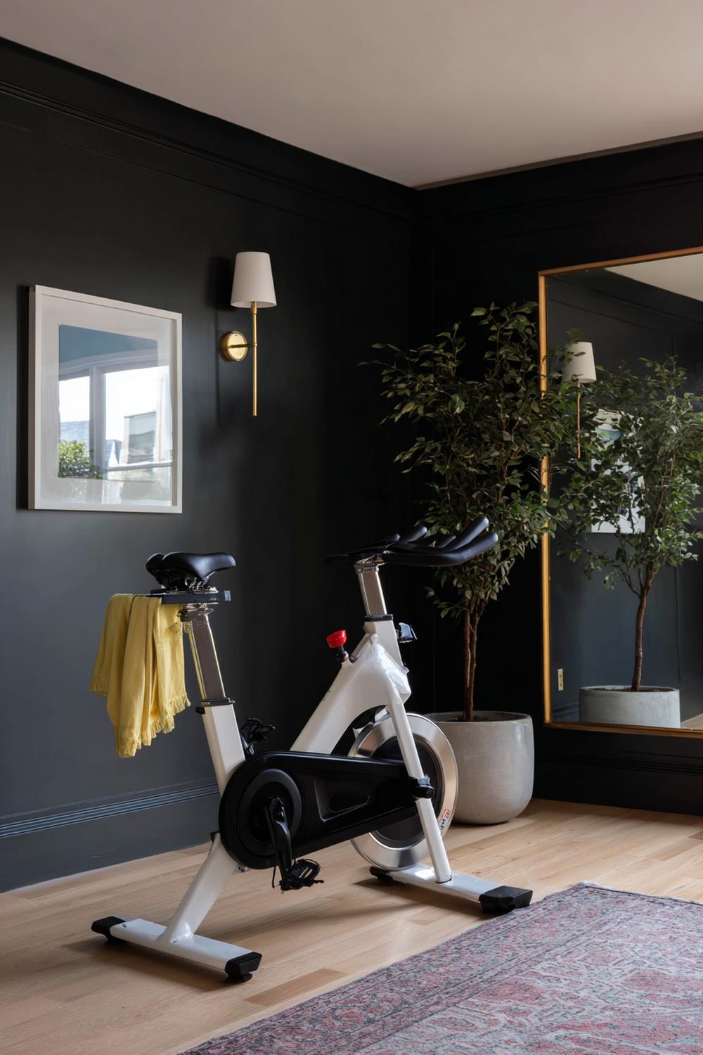 2. Moody Boutique Peloton Room with Charcoal Paint and Brass Sconces