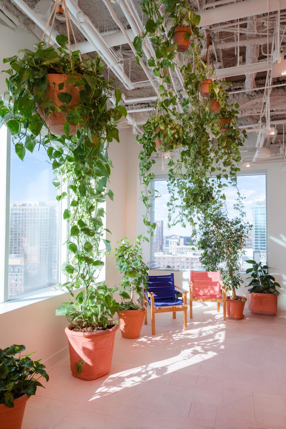 4. Plant-Styled Peloton Room with Hanging Pothos and Terracotta Pots