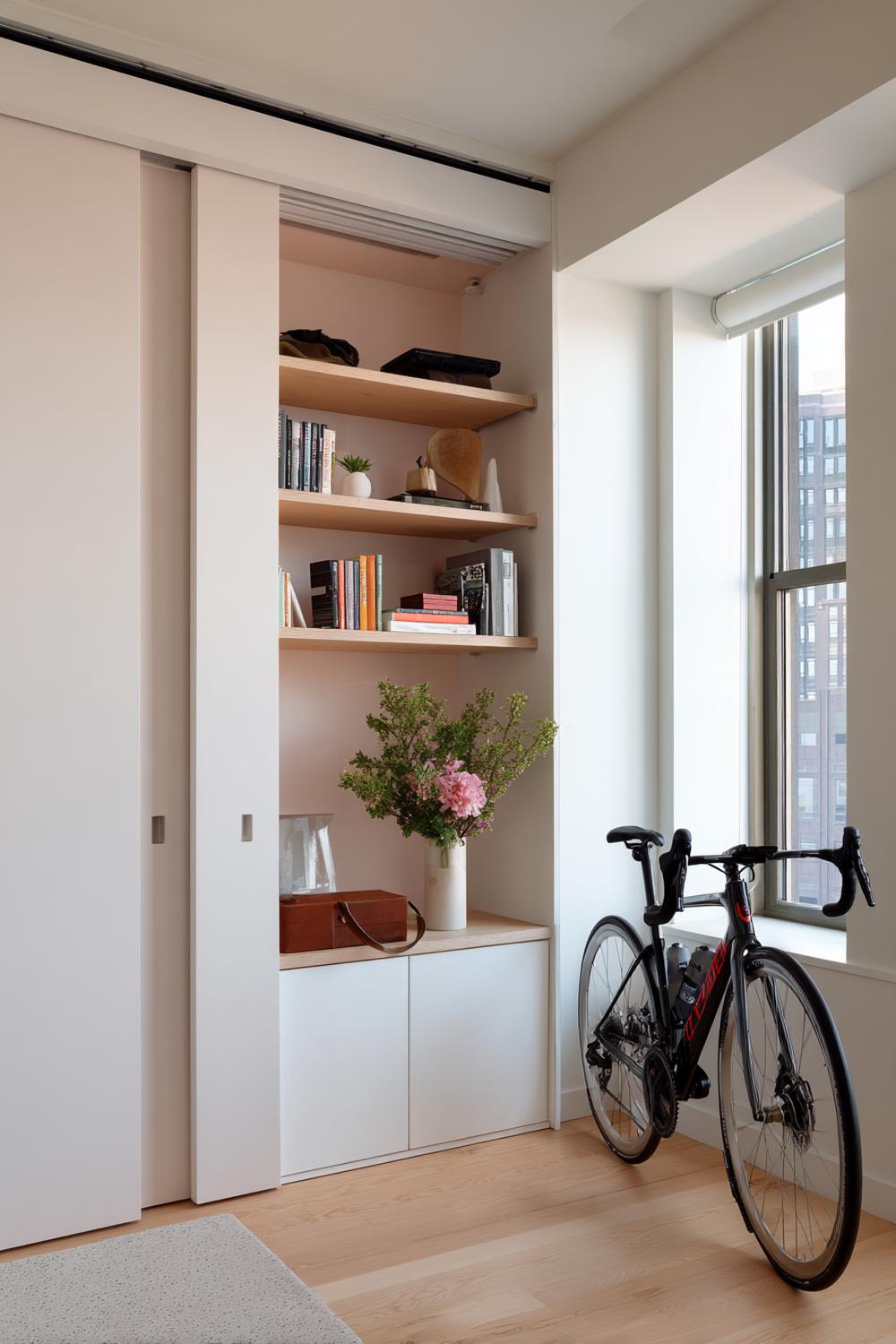 5. Compact Apartment Peloton Room Nook with Foldable Storage and Sliding Screen Divider