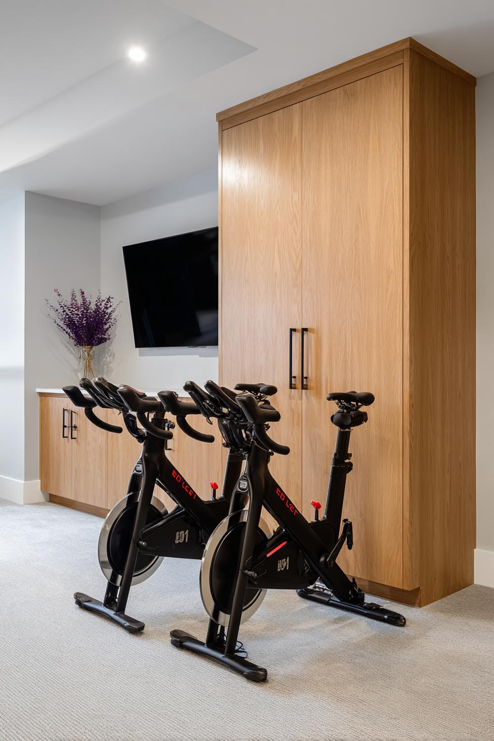 7. Family-Friendly Peloton Room with Closed Cabinet Storage and Kid-Safe Corners
