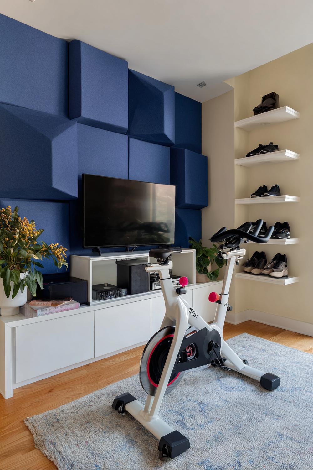 8. Sound-Focused Peloton Room with Acoustic Panels and Bluetooth Speaker Shelf