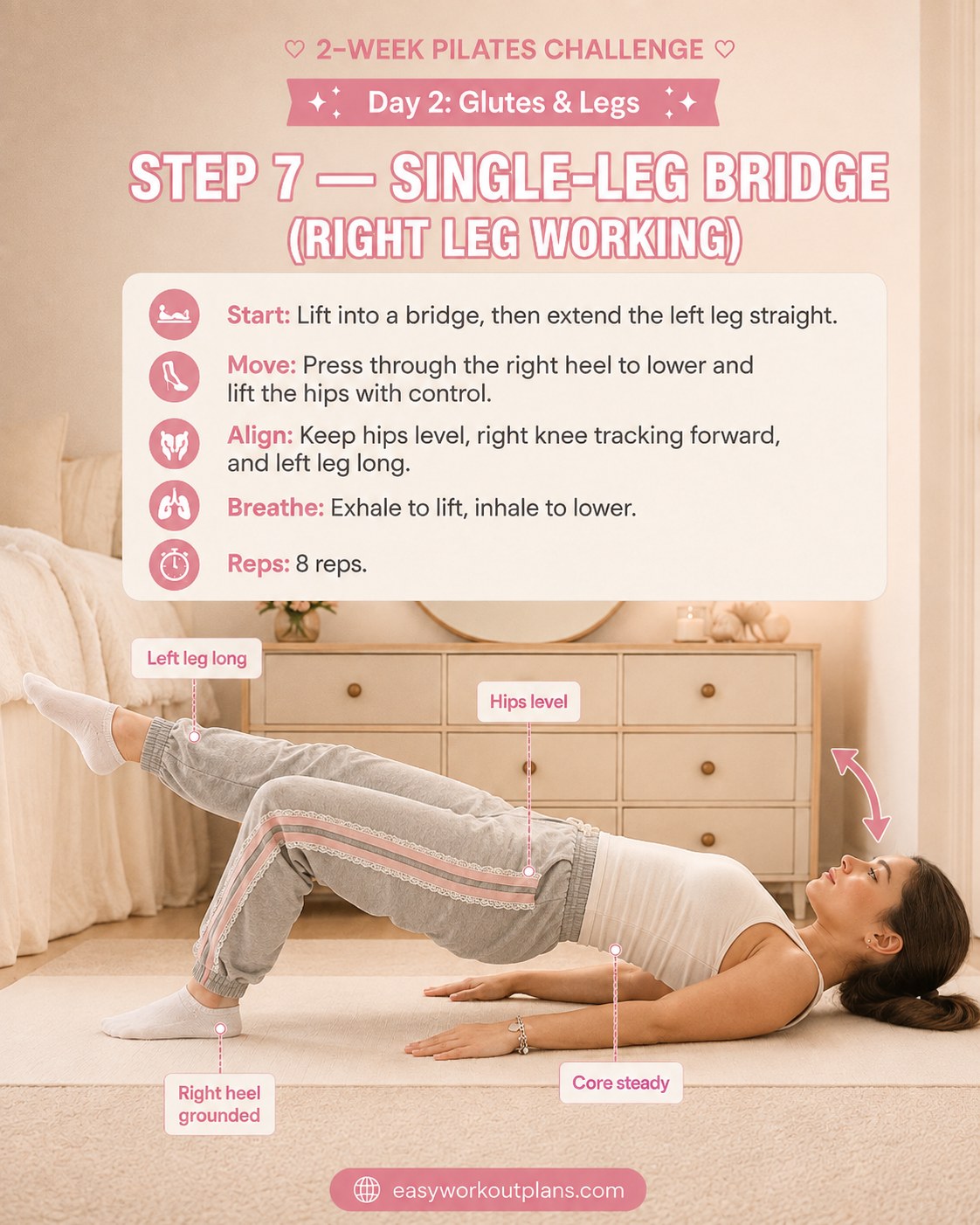 Single-leg bridge with the right leg working and left leg extended long in a pilates glutes and legs workout