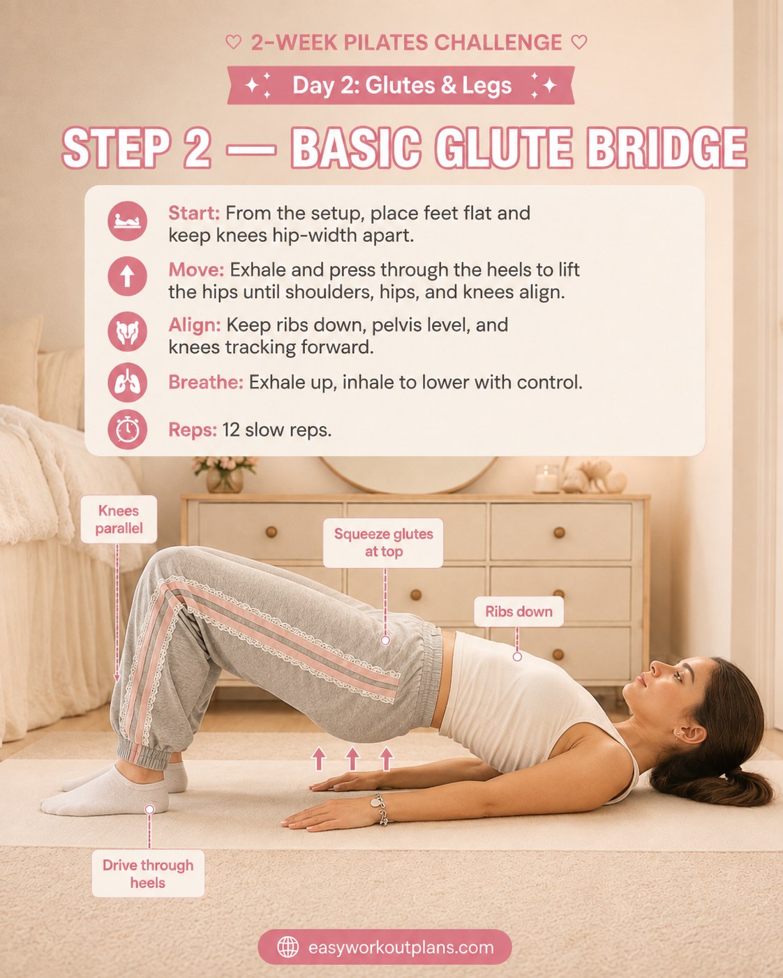 Basic glute bridge lift shown mid-rep as part of a pilates glutes and legs workout floor sequence