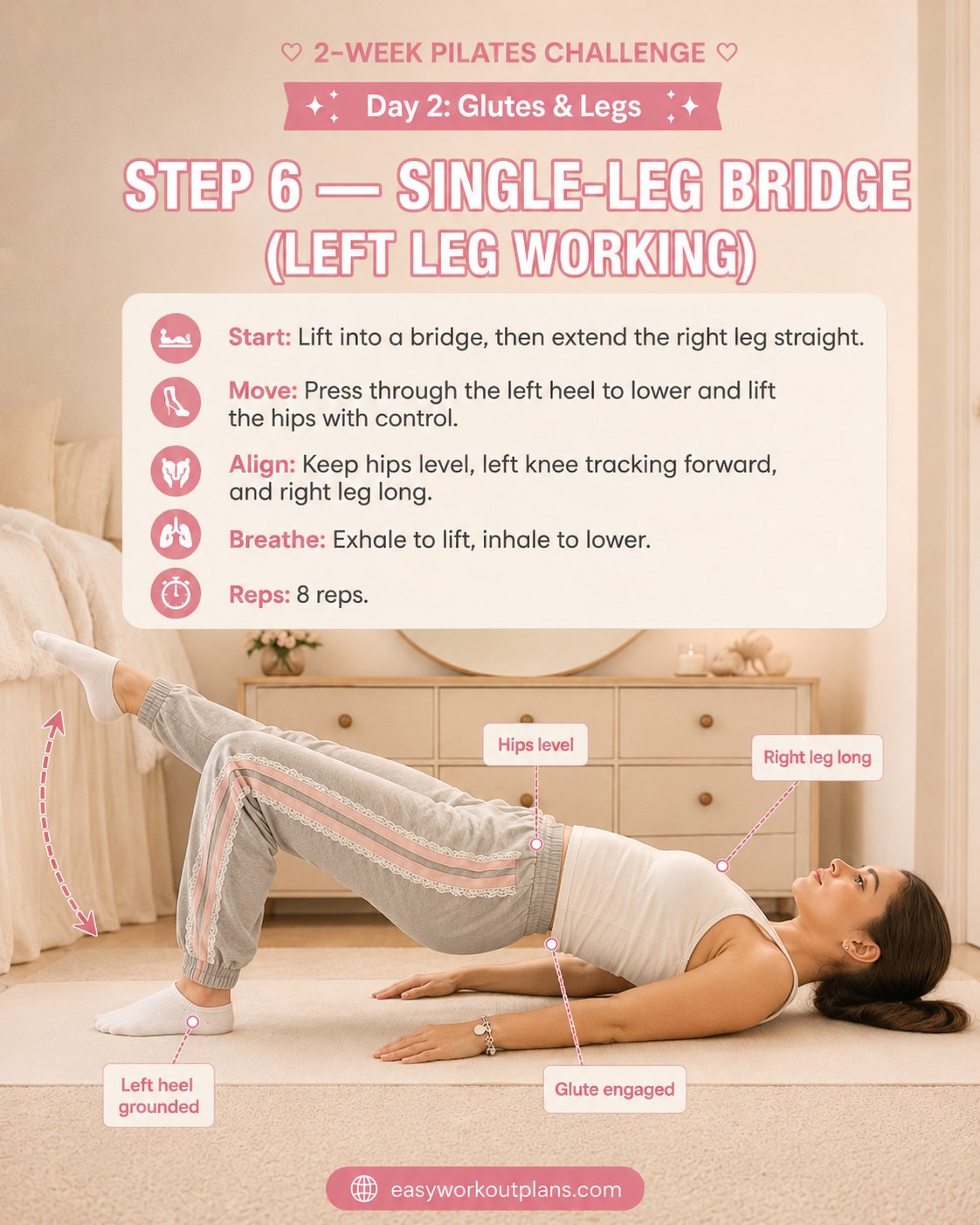 Single-leg bridge with the left leg working and right leg extended in a pilates glutes and legs workout