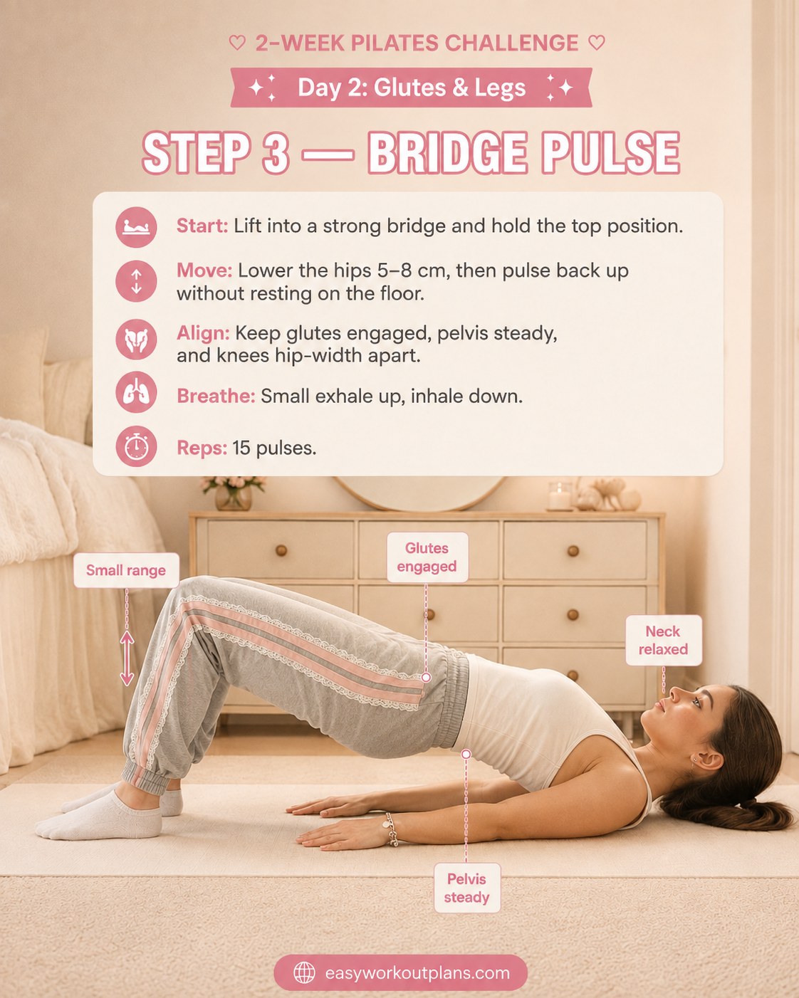 Small-range bridge pulse held at the top to intensify a pilates glutes and legs workout for the hips