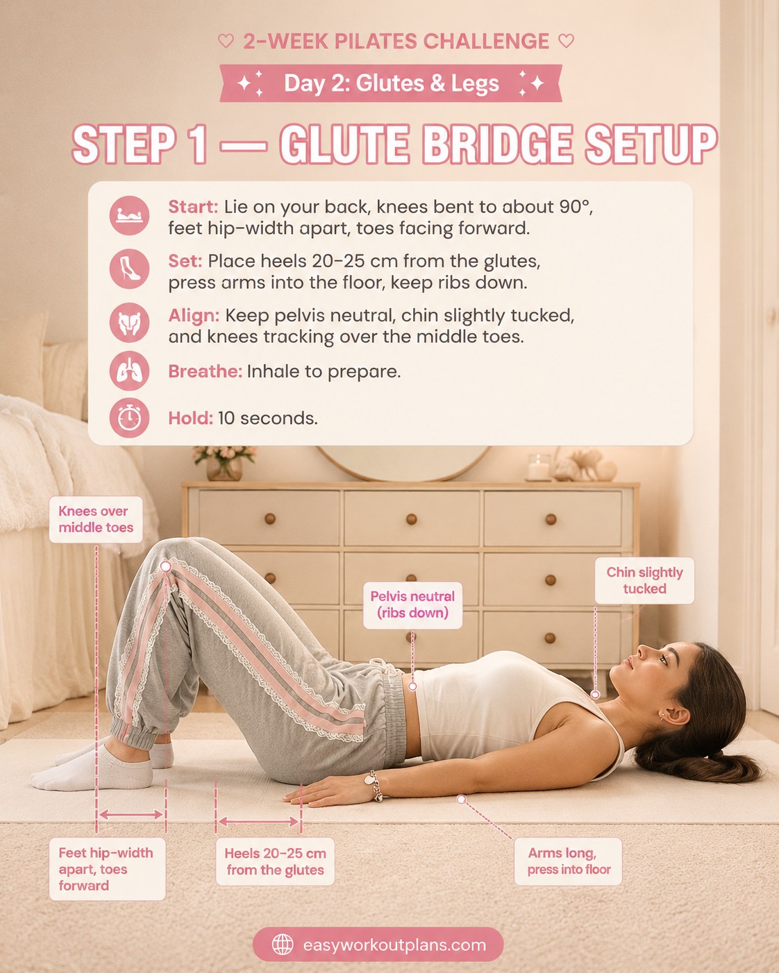 Woman lying on a mat demonstrating the correct starting alignment for a pilates glutes and legs workout bridge setup