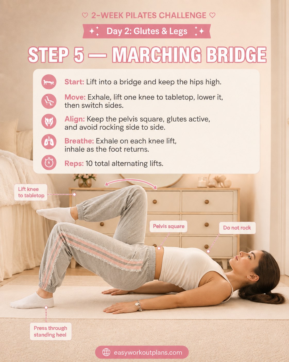 Marching bridge with one knee lifted to tabletop during a pilates glutes and legs workout core challenge