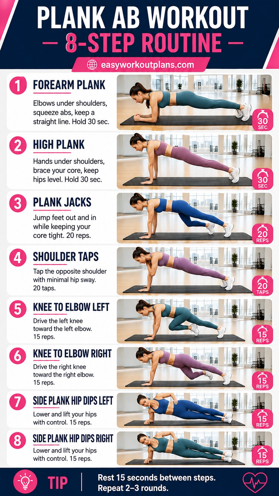 Fitness instructor performing the 8-step plank ab workout routine including plank jacks and hip dips