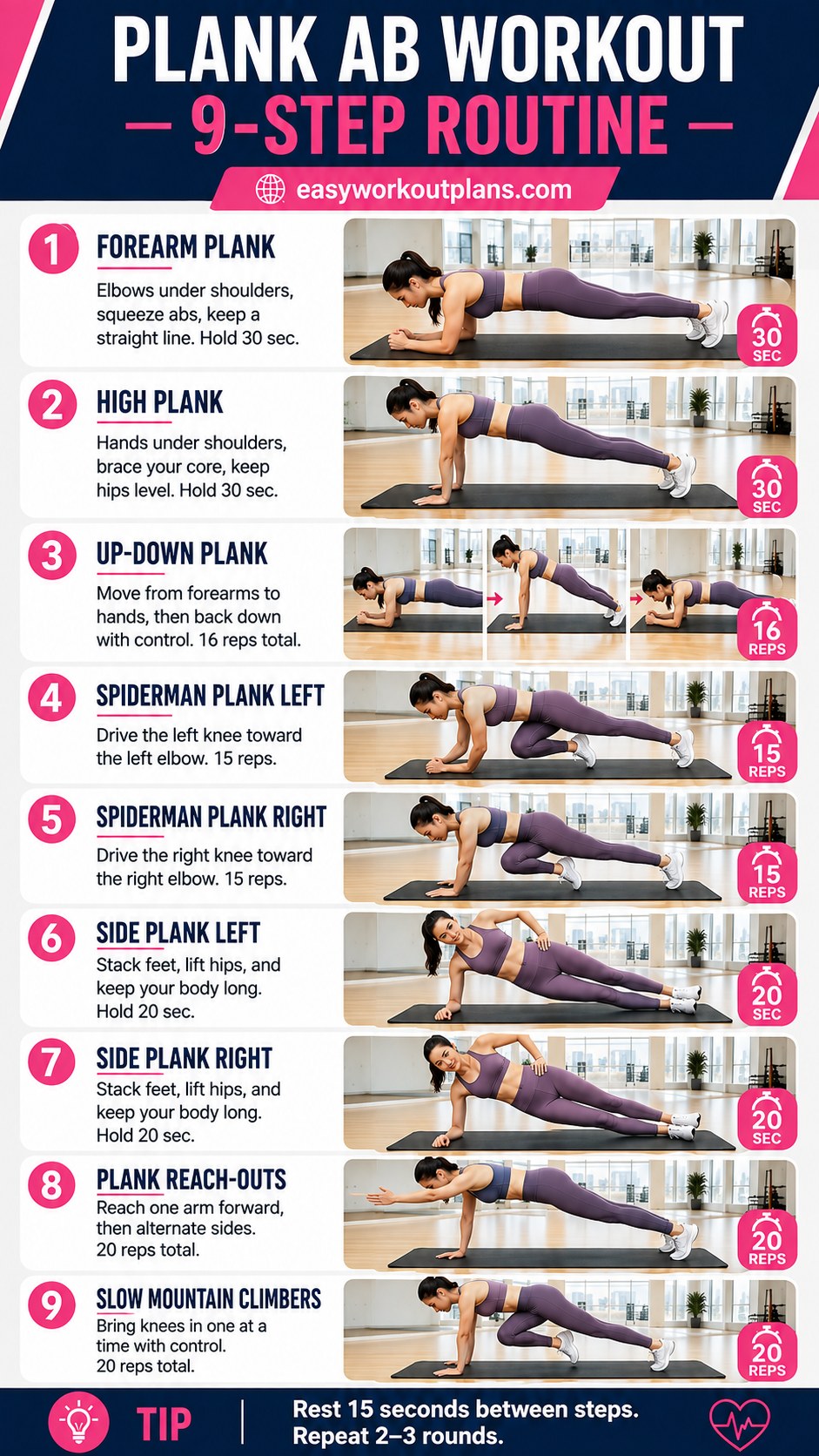 Athlete moving through the 9-step plank ab workout routine with spiderman planks and mountain climbers