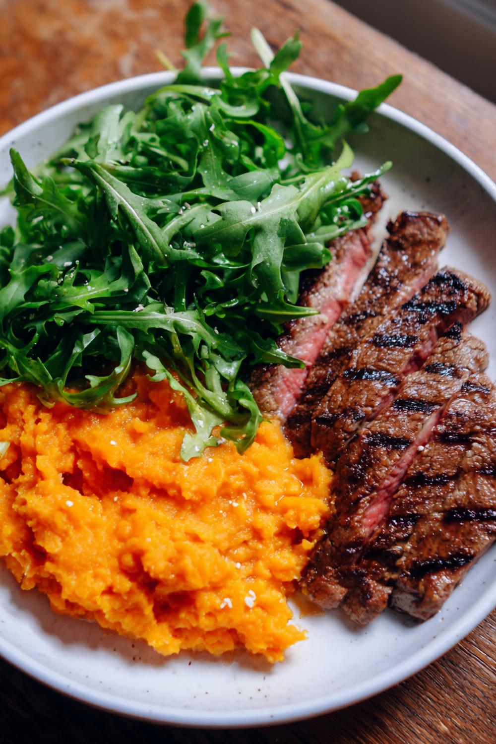 10. Post-Workout Dinner Ideas 2026: Steak and Sweet Potato Mash with Peppery Arugula