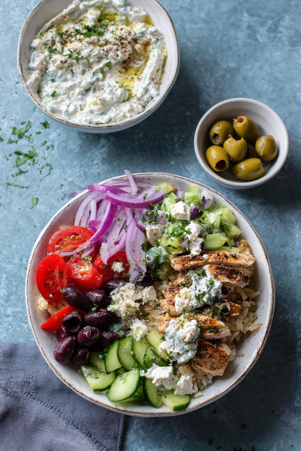 11. Post-Workout Dinner Ideas 2026: Greek Chicken Gyro Bowl with Tzatziki and Olives