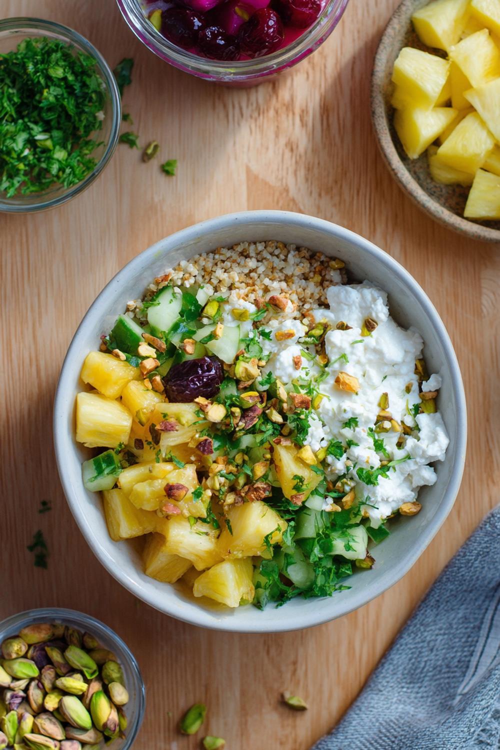 10. Quick Healthy Lunches 2026: Cottage Cheese Power Bowl with Pineapple Cubes and Pistachio Crunch