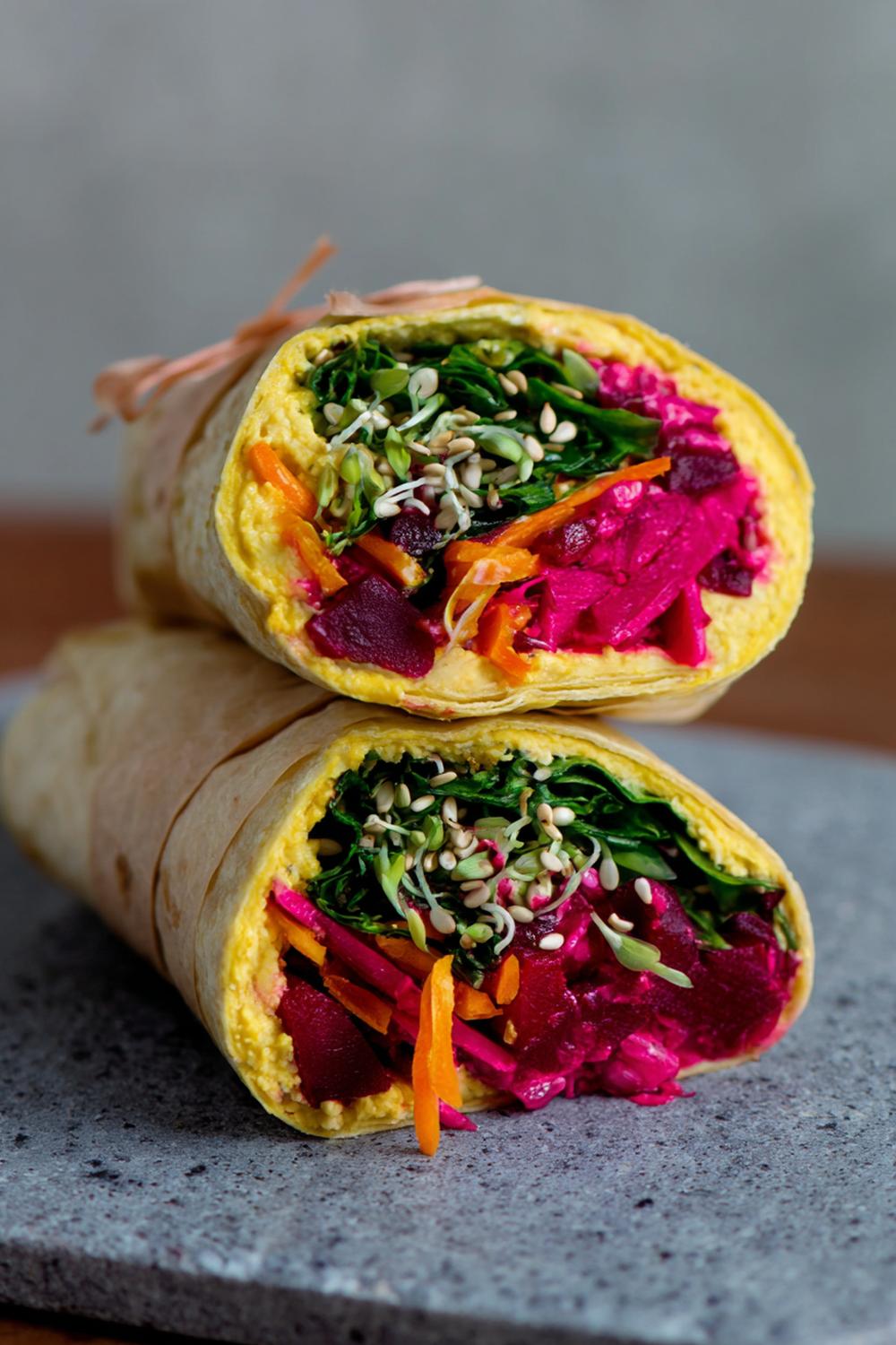 13. Quick Healthy Lunches 2026: Hummus Veggie Wrap with Shredded Beet and Seed Sprinkle