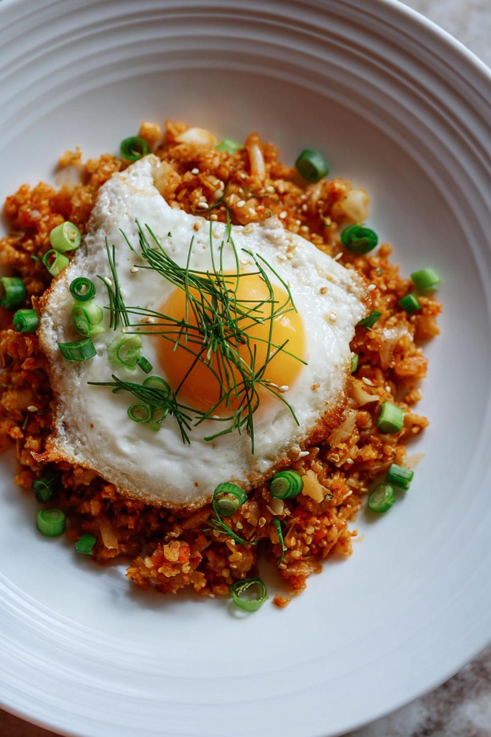 14. Quick Healthy Lunches 2026: Kimchi Fried Cauliflower Rice with Soft Egg and Scallion Threads