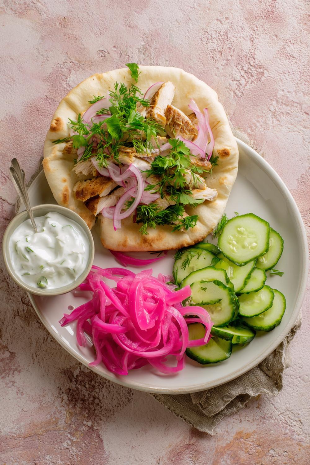 17. Quick Healthy Lunches 2026: Chicken Shawarma Pita with Cucumber Yogurt and Pickled Onion