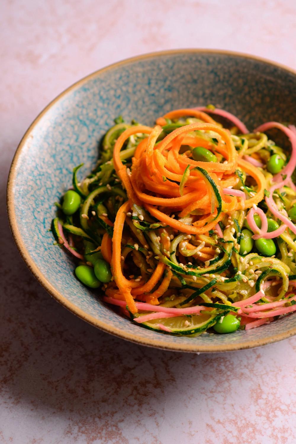 5. Quick Healthy Lunches 2026: Crunchy Edamame Soba Salad with Carrot Spirals and Sesame-Lime