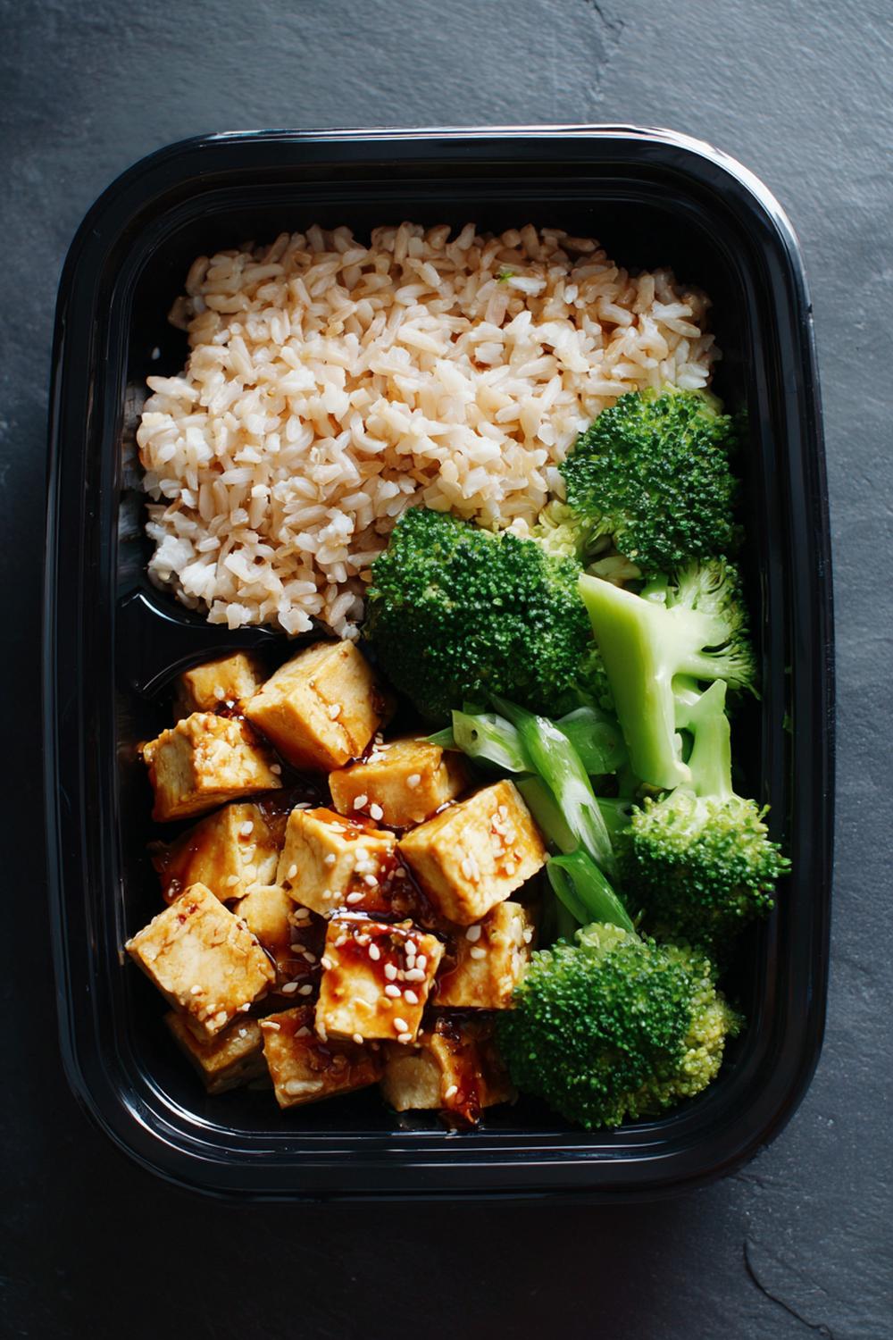 7. Quick Healthy Lunches 2026: Miso Ginger Tofu Bento with Broccoli Florets and Brown Rice