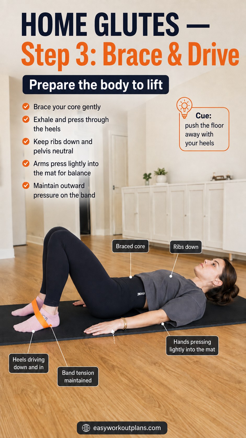 Woman bracing her core before driving up into a resistance band glute bridge on a home workout mat