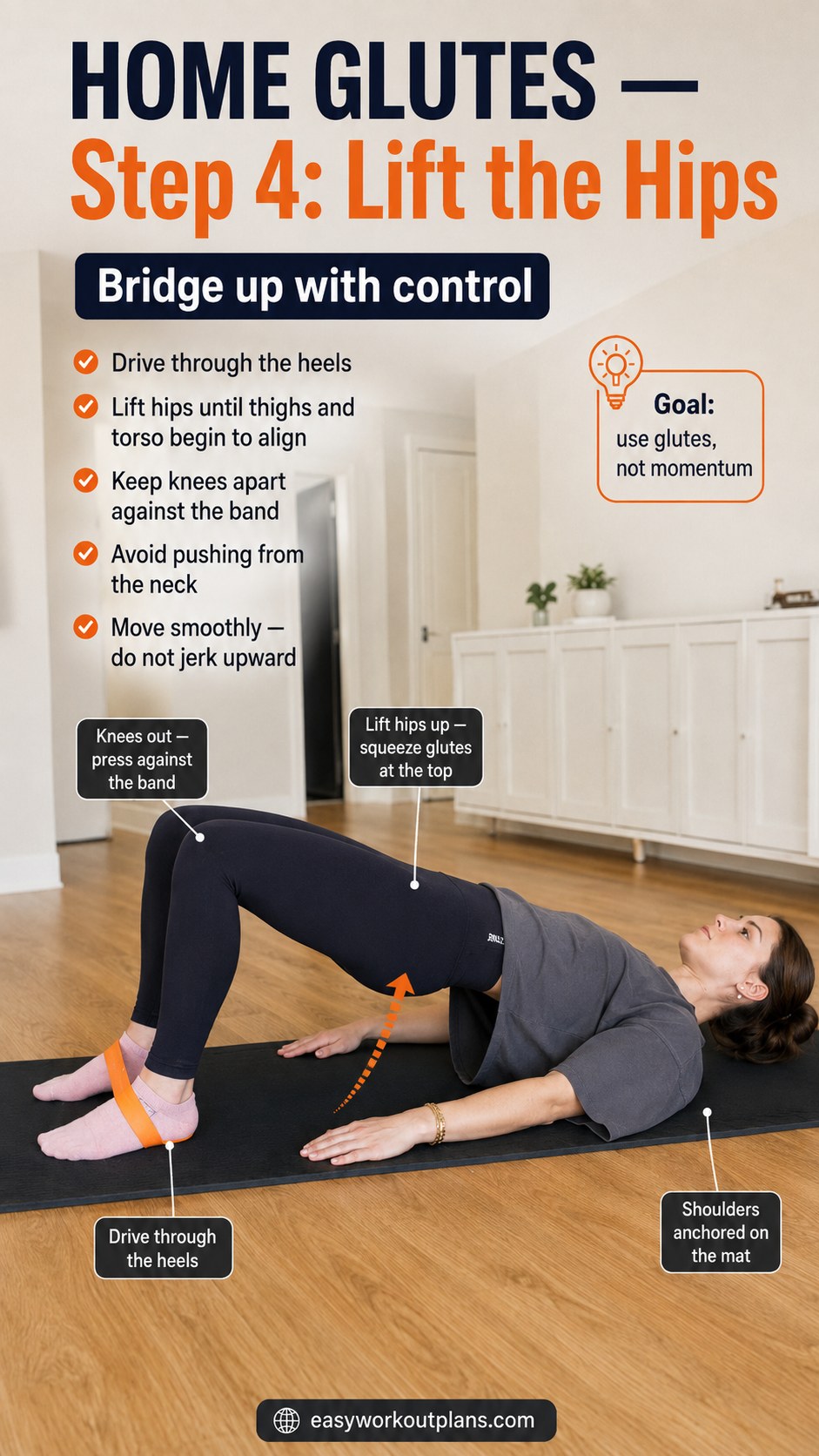 Resistance band glute bridge mid-lift with hips rising and knees pressing outward against the band