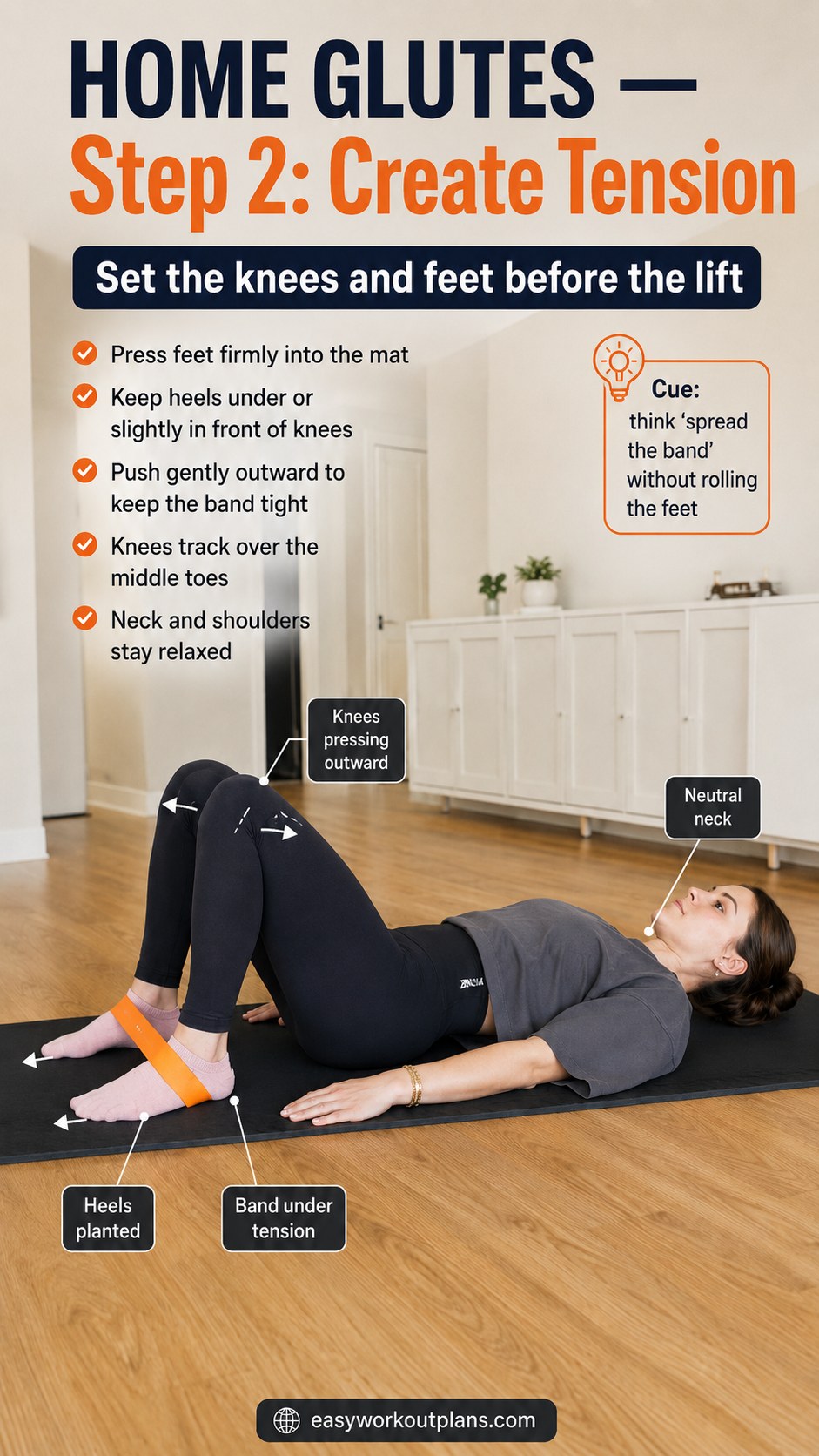 Close-up of feet pressing into the mat to create tension during a resistance band glute bridge setup