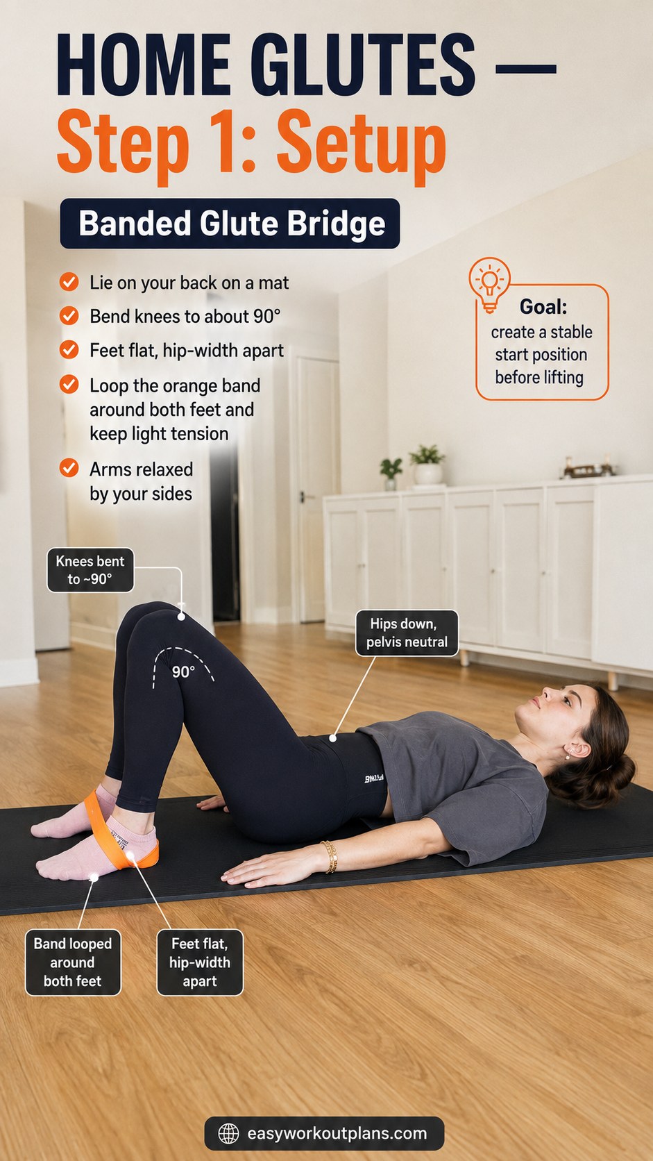 Woman lying on a mat setting up a resistance band glute bridge with knees bent and band looped around feet