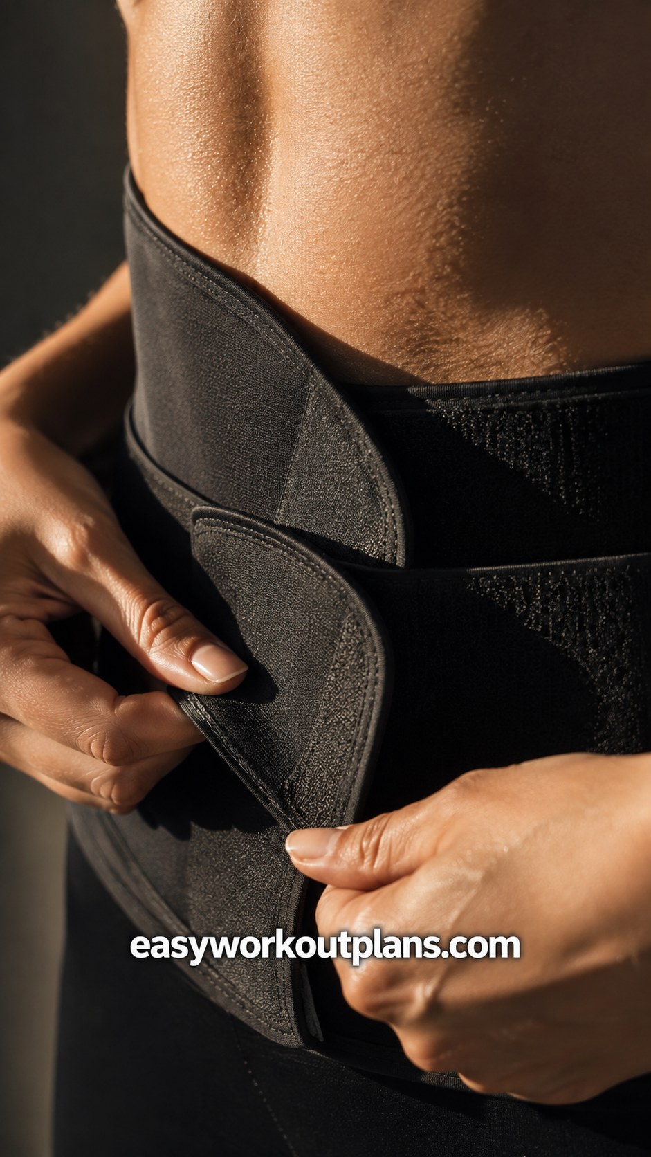 Hands adjusting a waist trainer belt often mistakenly paired with a small waist workout