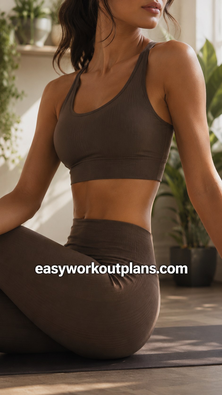 Seated cross-legged twist position offering a low-impact option within a small waist workout