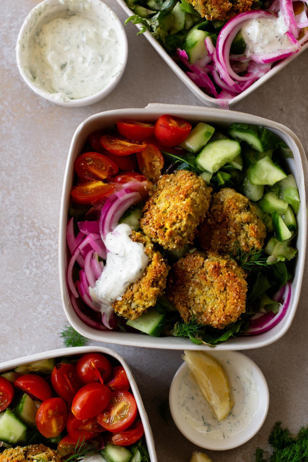 17. Vegan athlete meal prep 2026: Crispy Baked Falafel Salad Boxes with Tahini
