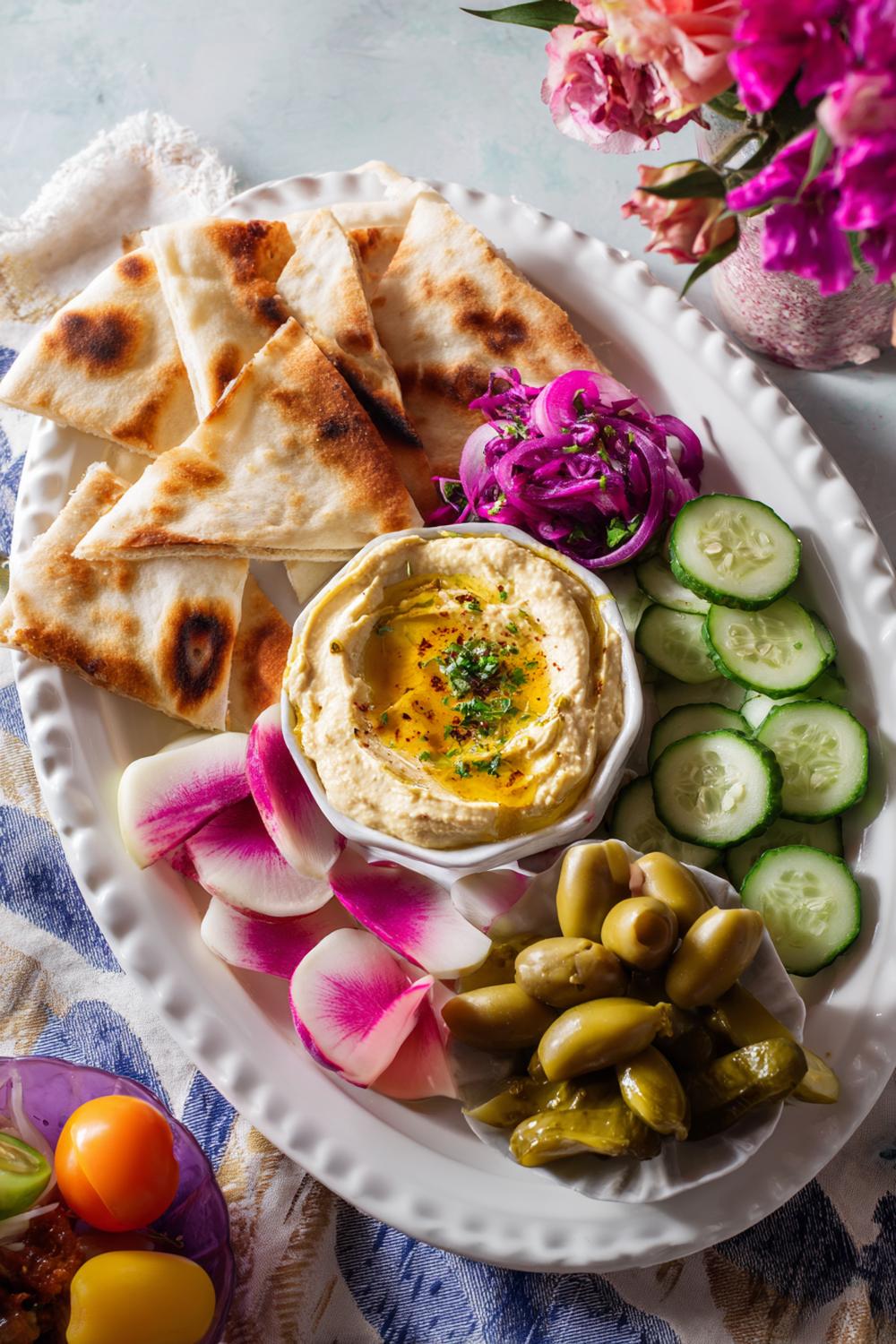 3. Vegan & Plant Based Meal Ideas: Mediterranean Hummus Mezze Plates with Pita and Pickles