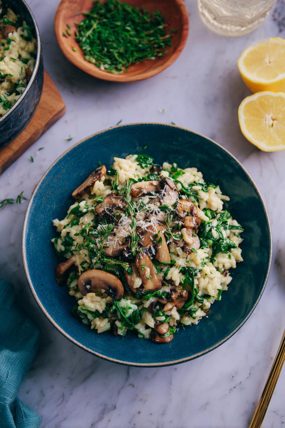4. Vegan & Plant Based Meal Ideas: Creamy Mushroom and Spinach Risotto with Cashew Parmesan