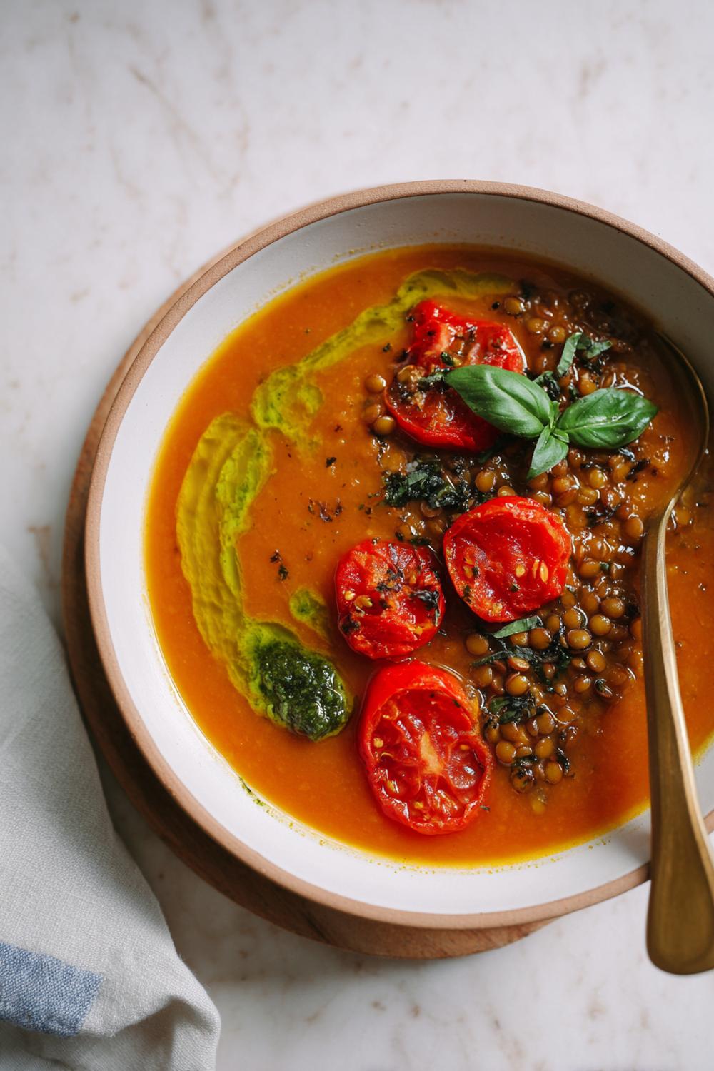 5. Vegan & Plant Based Meal Ideas: Roasted Tomato and Lentil Soup with Basil Oil Swirl