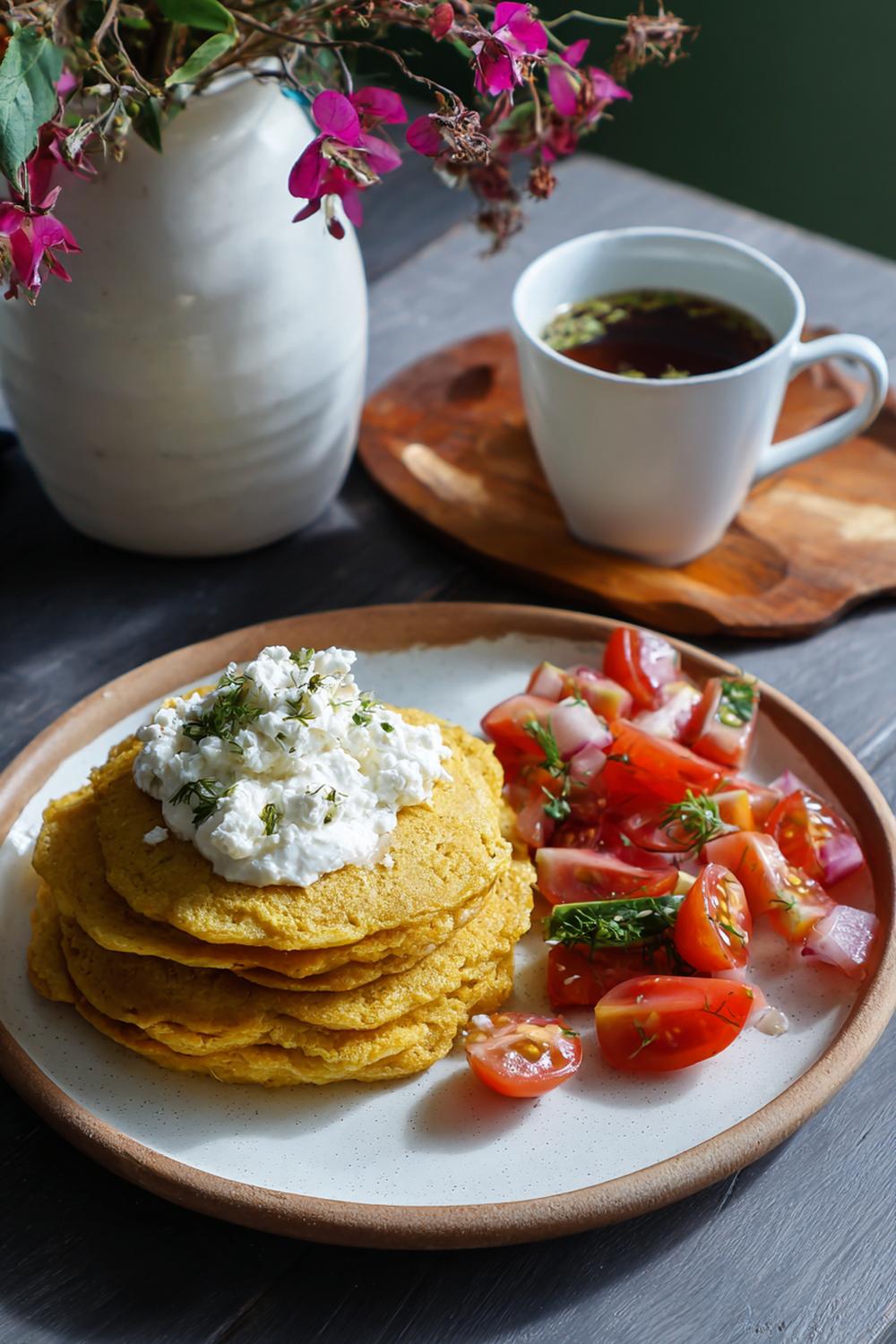 10. Chickpea Flour Pancake Meal with Herbed Cottage Cheese