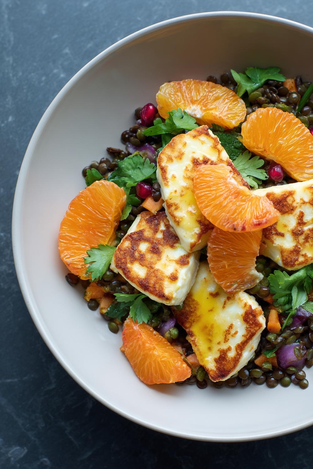 20. Seared Halloumi and Lentil Salad Meal with Citrus Segments