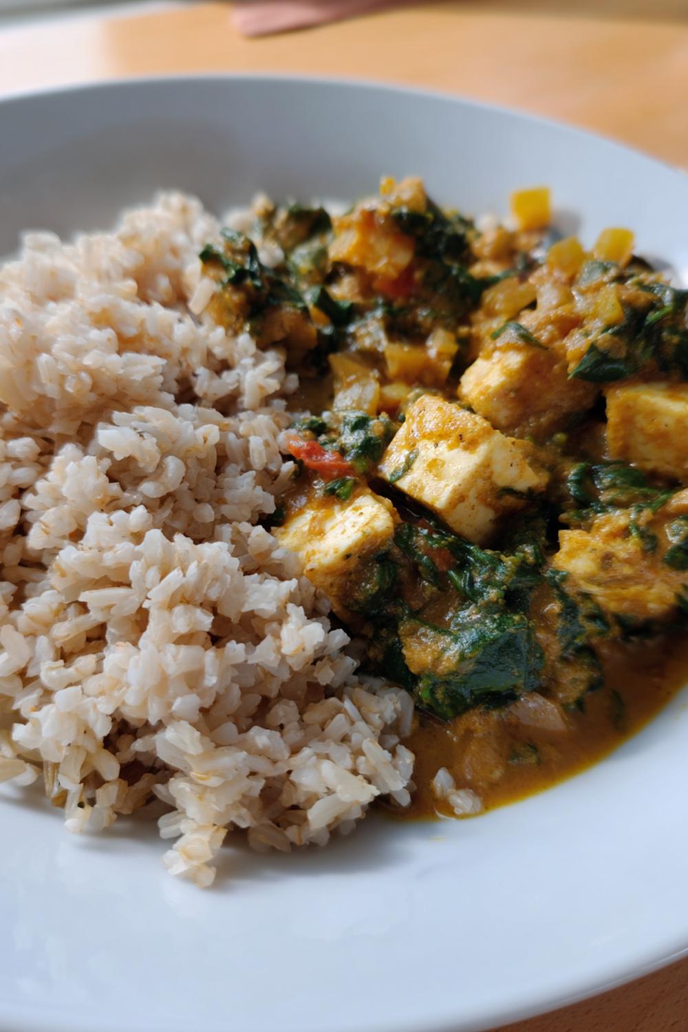 6. Paneer and Spinach Curry Meal with Brown Rice