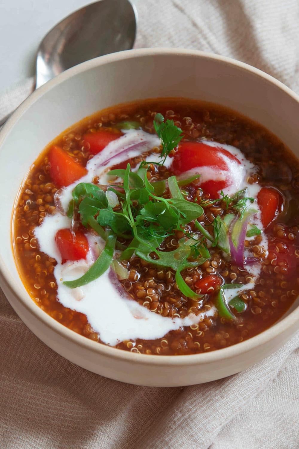 9. Red Lentil and Quinoa Tomato Soup Meal with Yogurt Swirl