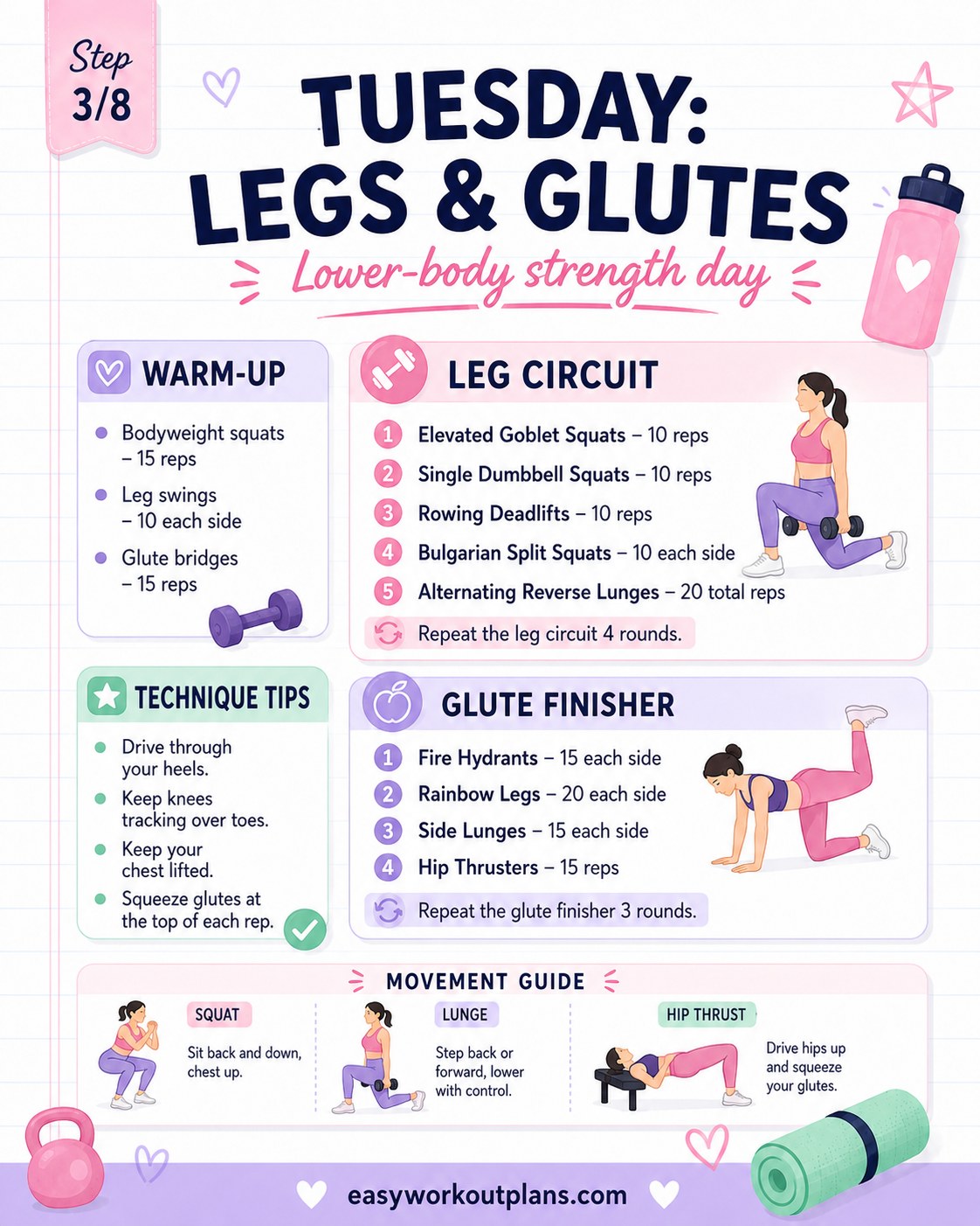 Tuesday legs and glutes day featuring goblet squats, split squats, and hip thrust cues