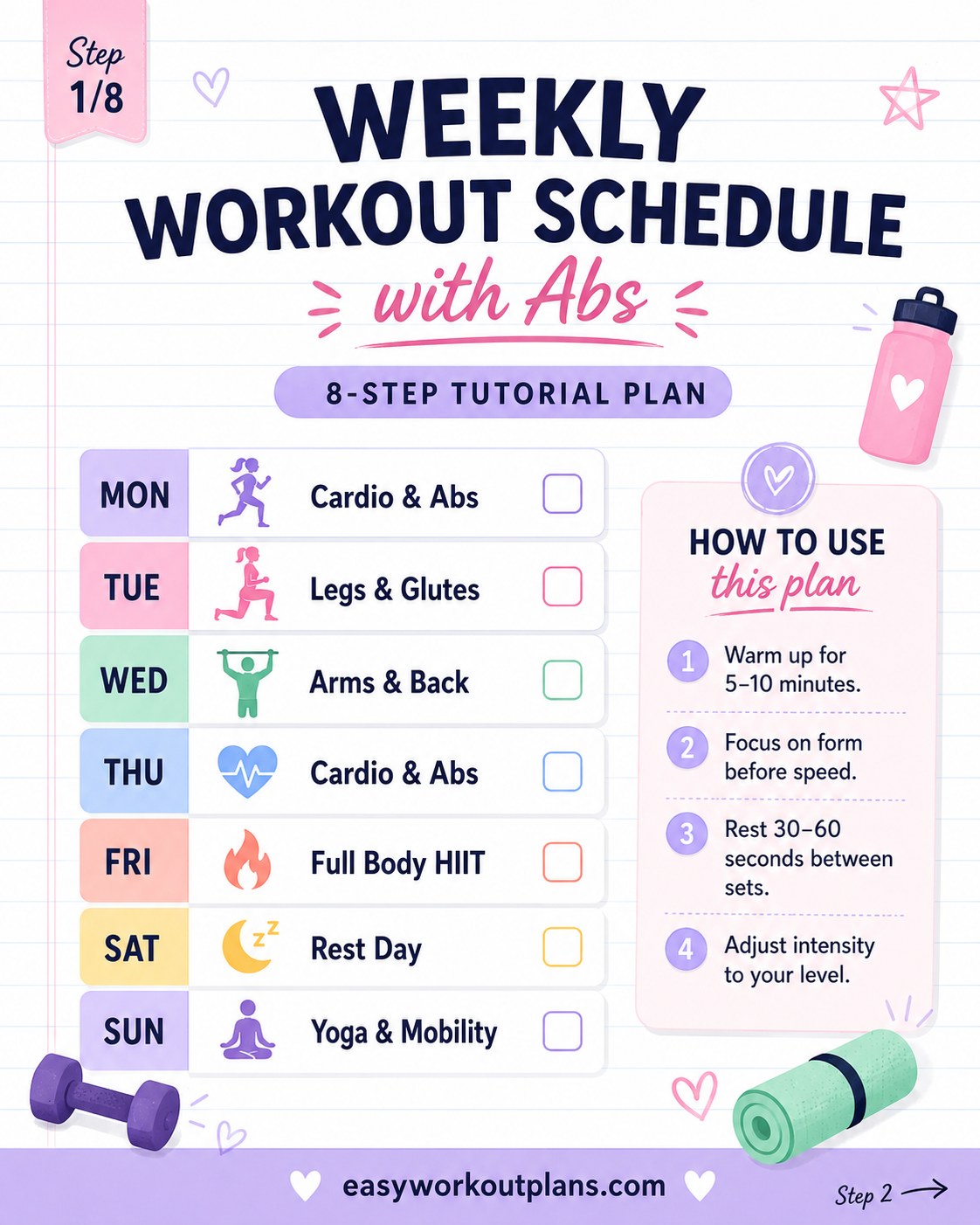 8 8-Step Weekly Workout Schedule With Abs, Day By Day