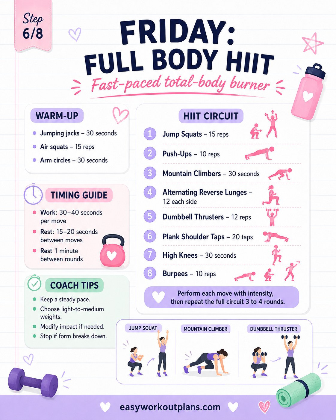 Friday full body HIIT circuit with jump squats, mountain climbers, and dumbbell thrusters